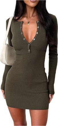 Generic Women Long Sleeve Sweater Dress, Sexy V-Neck Button-Up Bodycon Dress, Autumn and Winter Ribbed Stretch Knit Mini Dresses, for Daily Wear, Work, Date, 