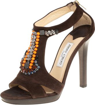 Jimmy Choo London Brown Suede Beaded T-Strap Tribal Sandals