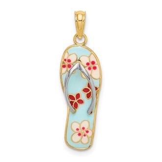 Diamond2Deal 14k Yellow Gold Rhodium 3D Enamel Fuschia White Flowers On Aqua Flip-Flop Charm