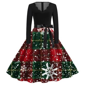 Generic Ladies Christmas Dress, Red Dresses for Women UK Christmas Dress Womens Vintage Elegant Maxi Swing Black Dresses Present Costume Party Outfits for Wom