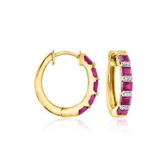Ross-Simons Ruby Hoop Earrings With Diamonds in 18kt Gold Over Sterling