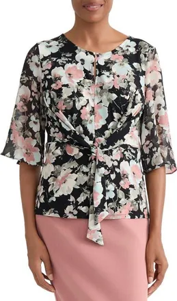 Kasper Floral Print Mixed Media Tie Waist Top in Black Multi at Nordstrom, Size X-Large