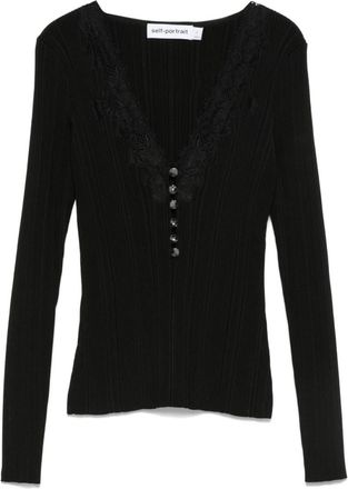 Self Portrait Black Knitted V Neck Sweatshirt