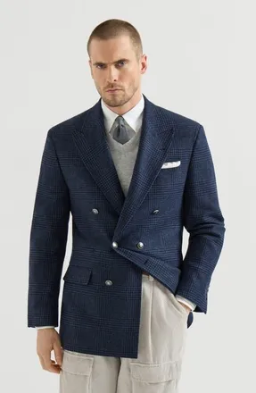 Brunello Cucinelli Comfort wool and cashmere Prince of Wales flannel one-and-a-half breasted Tailor blazer with metal buttons in Blue at Nordstrom