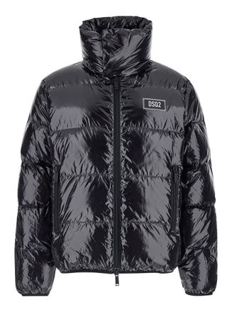 Dsquared2 Black Down Jacket With Logo Patch On The Front In Tech Fabric Man