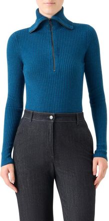Akris Virgin Merino Wool Half Zip Turtleneck Sweater in Teal at Nordstrom, Size 16
