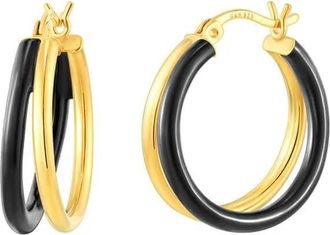 Gold & Honey Womens Enamel Double Hoop Earrings In Black