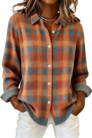 Generic Womens Plaid Print Casual Cotton Buttoned Cardigan Sweater, Plaid Knitted Cropped Cardigan Sweater 2026 (K,3XL)