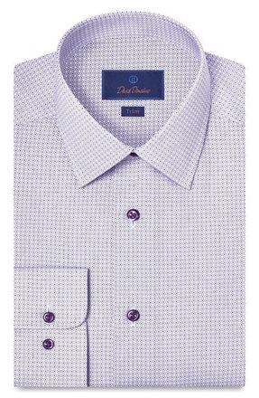 David Donahue Trim Fit Geometric Print Cotton Dress Shirt in White/Lilac at Nordstrom, Size 18.5 - 34