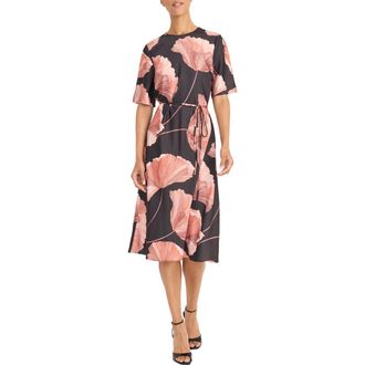 Maggy London Print Short Sleeve Midi Dress in Black/Melon at Nordstrom Rack, Size 10