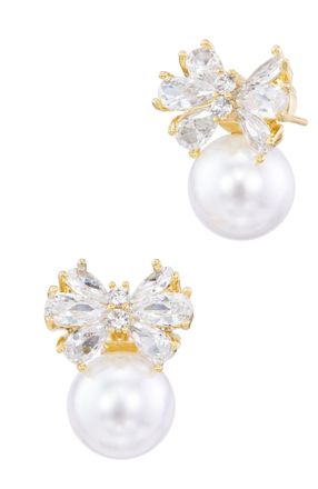 Savvy Cie Jewels GOLD PLATED OVER BRASS SHELL PEARLS WITH WHITE CZ STUD BOW EARRINGS