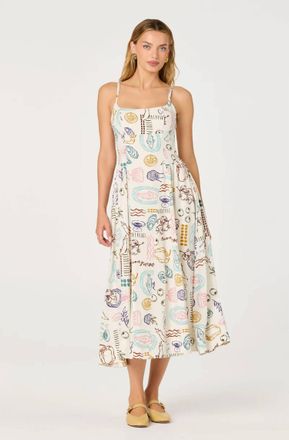 Astr Ansley Novelty Print Linen Midi Dress In Off White Picnic