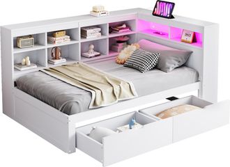 STILVORA Cama Div&aacute;n 90 X 200 Cm De Madera Con 2 Cajones, Estantes, Puerto Usb Y Led, Sin Colch&oacute;n, Blanco