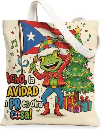 Generic Christmas Amphibian Canvas Tote Bags, Fun Holiday Character Design Reusable Grocery Bags, Festive Lightweight Washable Shou, Beige, 13x15 Inch