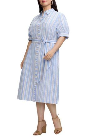 Foxcroft Esther Belted Stripe Cotton Shirtdress in Blue Multi at Nordstrom, Size 1 X