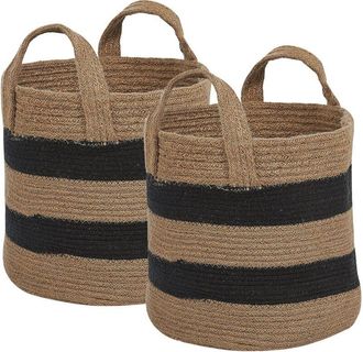 Beliani Conjunto De 2 Cestas De Yute Beige Negro 30 Cm Patr&oacute;n A Rayas Trenzado Gerede