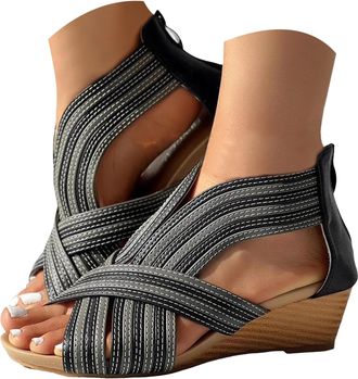 Generic Women Wedges Bohemian Shoes Open Toe Wedge Sandals With Hollow Out Design Sandals Zipper Back Platform Summer Sandal For Women 2026 Trendy (7.5)