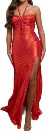 Rachel Allan Beaded Halter Slit Prom Gown In Tangerine