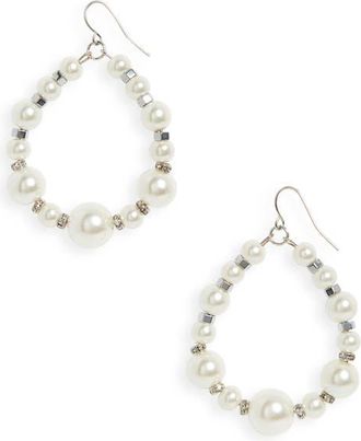 Cristabelle Crystal & Imitation Pearl Open Hoop Drop Earrings in Sil/white at Nordstrom