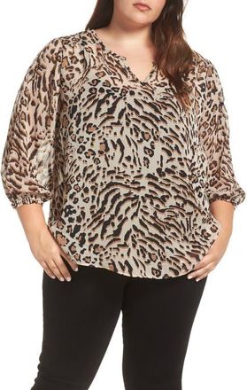 Wit & Wisdom Animal Print Split Neck Blouse in Tan Black at Nordstrom, Size 1X