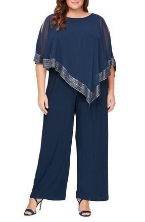 S.L. Fashions Foil Trim Asymmetric Popover Jumpsuit in Navy/silver at Nordstrom, Size 14W
