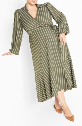 City Chic Brynn Stripe Long Sleeve Cotton Blend Dress in Olive at Nordstrom, Size Xxl