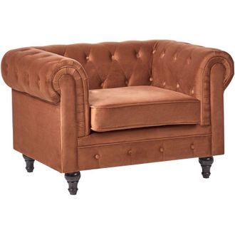 Beliani Chesterfield Armchair Golden Brown Velvet Fabric Upholstery Rubberwood Legs Contemporary CHESTERFIELD