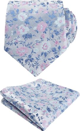 Alizeal Mens 8cm Floral Printed Wedding Party Classic Colorful Necktie with Hanky Set, Navy+Pink