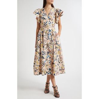 Ulla Johnson Darya Paisley Floral Flutter Sleeve Cotton Dress in Magnolia at Nordstrom Rack, Size 0
