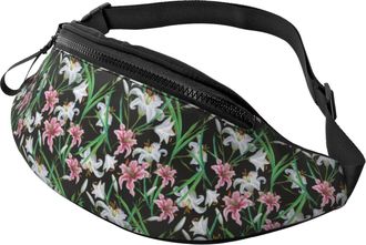 Generic Lilies Flowers Black Pink Belt Bag Waist Bag Lightweight Fanny Pack For Shopping Cycling Running 14X35Cm