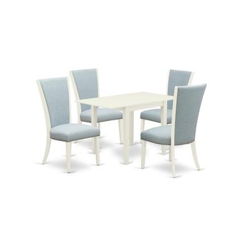 East West Furniture A dinette set of 4 amazing kitchen dining chairs with Linen Fabric Baby Blue color and a lovely drop leaf rectangle kitchen table