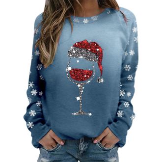Generic Christmas Jumpers for Women Ugly Christmas Jumper Christmas Jumper Women Xmas Long Sleeve Top Wine Glass Printed Sweatshirt Christmas Cute Xmas Pullov