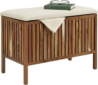 Relaxdays Relaxdays Ba&uacute;l Para Ropa Sucia Con Asiento/banco, 80 L, 56&times;78&times;39 Cm, Acacia Y Tela, Marr&oacute;n/blanco