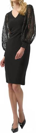 Joseph Ribkoff V-Neckline Long Mesh Puff Sleeves Sheath Dress In Black