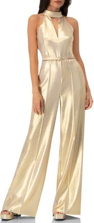 Ivonne Halterneck Metallic Belted Jumpsuit in Gold at Nordstrom, Size 14