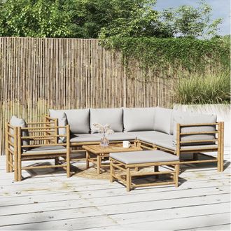 vidaXL Set De Muebles De Jard&iacute;n 8 Piezas Bamb&uacute; Y Cojines Gris Claro Vidaxl