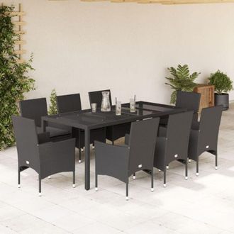 vidaXL Set Comedor Jard&iacute;n 9 Pzas Cojines Rat&aacute;n Sint&eacute;tico Vidrio Negro Vidaxl