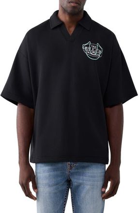True Religion Tiger Graphic Oversize Polo in Jet Black at Nordstrom, Size Xxx-Large
