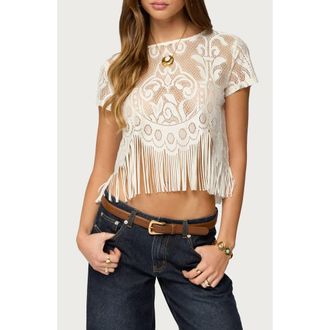 Edikted Kira Sheer Lace Fringe Crop T-Shirt in Cream at Nordstrom, Size X-Small
