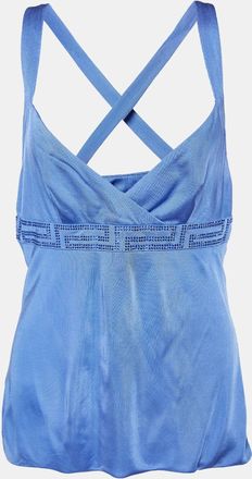 Versace Blue Jersey Crystal Greca Embellished Tank Top