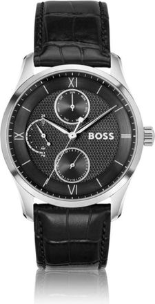 BOSS Leather-strap watch with black dial