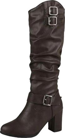 Generic Womens Knee High Boots Round Toe High Chunky Heel Slip On Design With Pleated Shaft And Metal Decoration Vintage Style