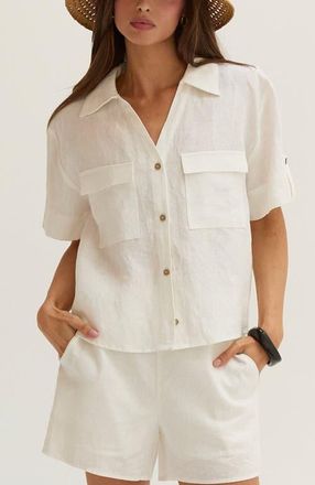 Crescent Button Down Short Sleeve Linen Top in White at Nordstrom, Size X-Small