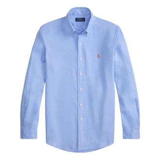 Ralph Lauren Casual Shirts, male, Blue, Size: 2XL Button-down Collar Logo-embroidered Linen Shirt