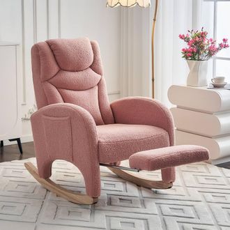 Direct Wicker Teddy Fabric Foam Upholstered Rocking Chair with Pull-out Footrest in Pink | Size: 1 Pack