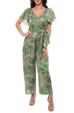 Tash And Sophie Flutter Sleeve Jumpsuit in Green Multi at Nordstrom Rack, Size X-Large