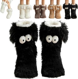 Generic Cozy Socks with Eyes, Winter Warm Fluffy Non-Slip Slipper Socks for Women and Girls, Cute Big Eyes Novelty Animal Design House Socks for Home Office, 