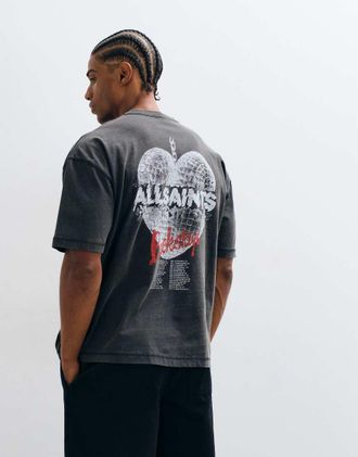 AllSaints T-shirt a maniche corte con logo grafico e stampa sul retro in nero slavato