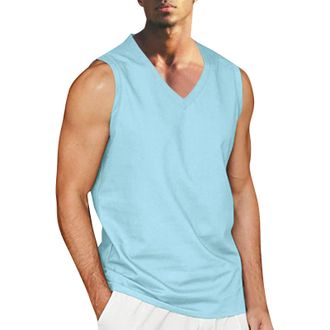 Generic BOTCAM Mens Summer Beach Beach Simple Classic Solid Color V Neck Cotton And Sleeveless Shirt T Shirt Vest Mens Athletic Short Sleeve Tops