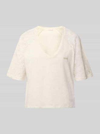 Liu Jo T-Shirt mit Spitze und Logo-Stitching in Offwhite, Gr&ouml;&szlig;e XXL